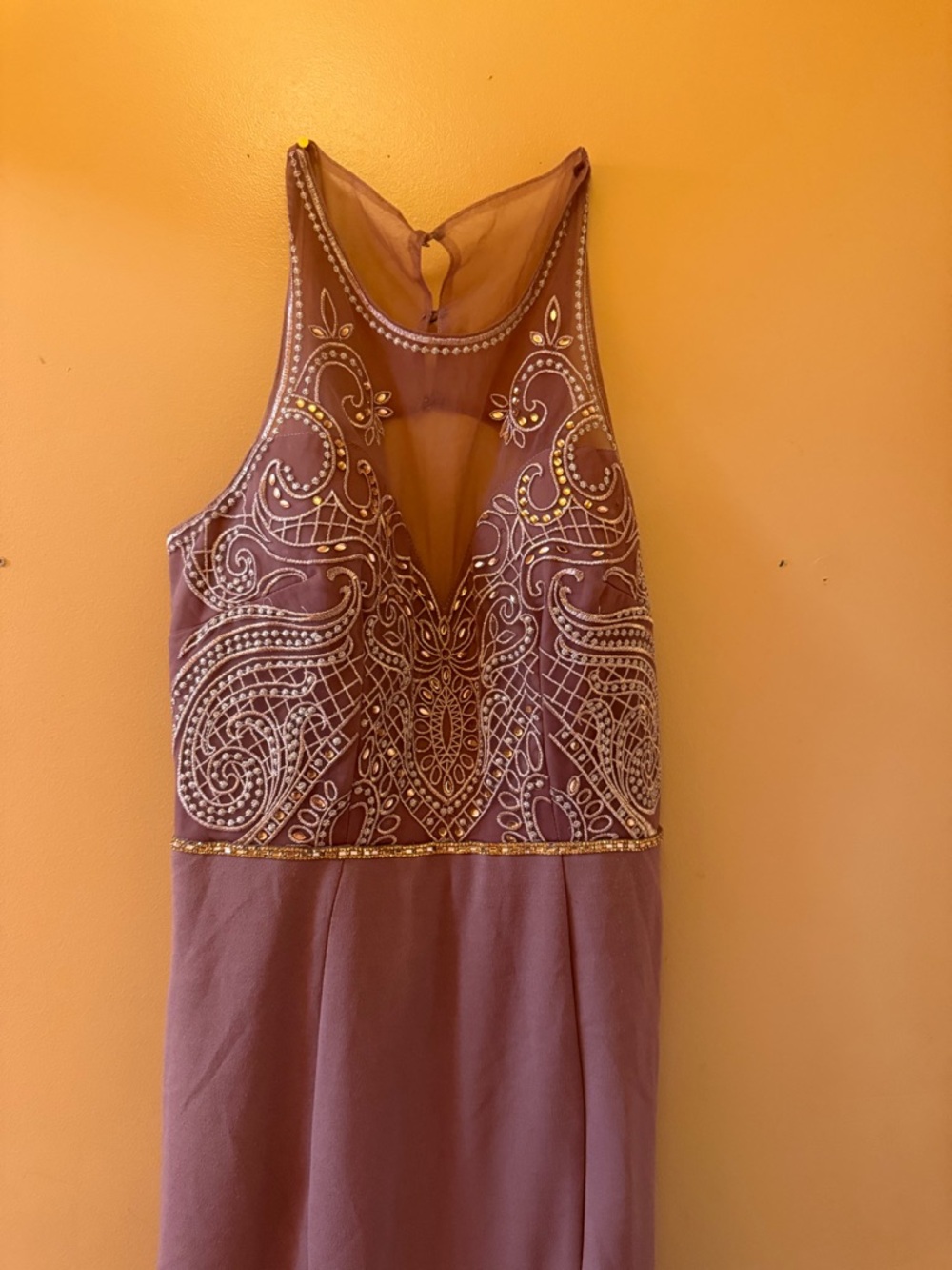 Betsy & Adam Mauve Beaded Halter Maxi Dress